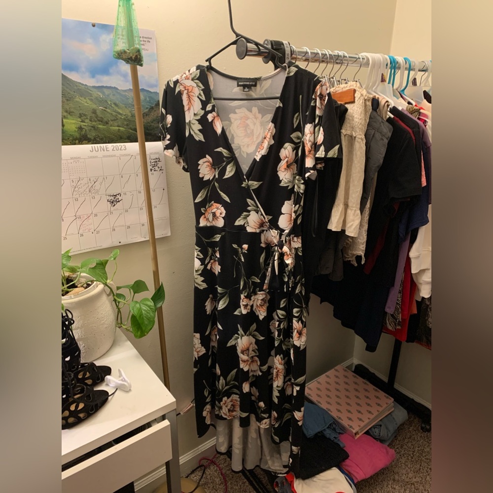 Beautiful black fortune and ivy high low dress with pink floral details